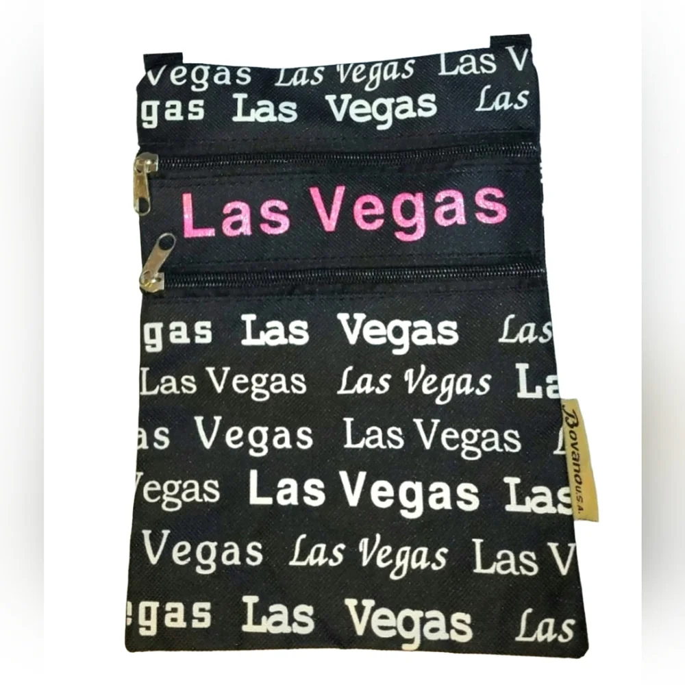 Las Vegas Crossbody Black & White with Pink Glitter 2 Front Zip Pockets NWOT